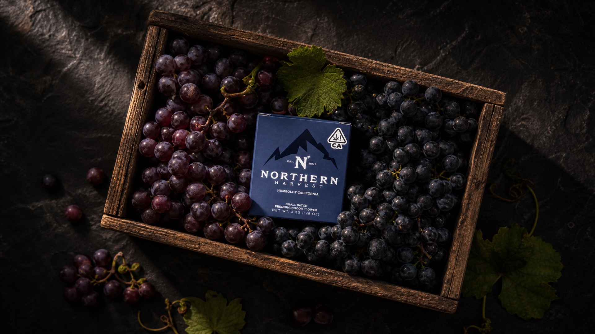 Northern Harvest premium indoor flower box nestled in a crate of wine grapes